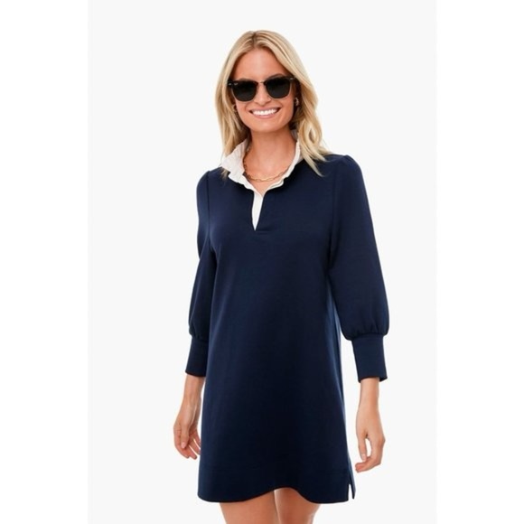 Pomander Place Tuckernuck Charlotte Terry Shirt Dress Navy/Cream Ruffle Collar - Picture 1 of 9